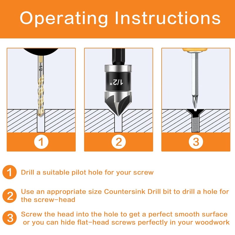 DECKRKAT Store 5 Pcs Countersink Drill Bit Set, Industrial Grade M2 High-Speed Steel, 82 Degree, 5 Flute with 1/4” Quick Change Hex Shank, 1/4" to 3/4" Size for Metal, Wood & Plastic - Includes Durable Case - Image 3